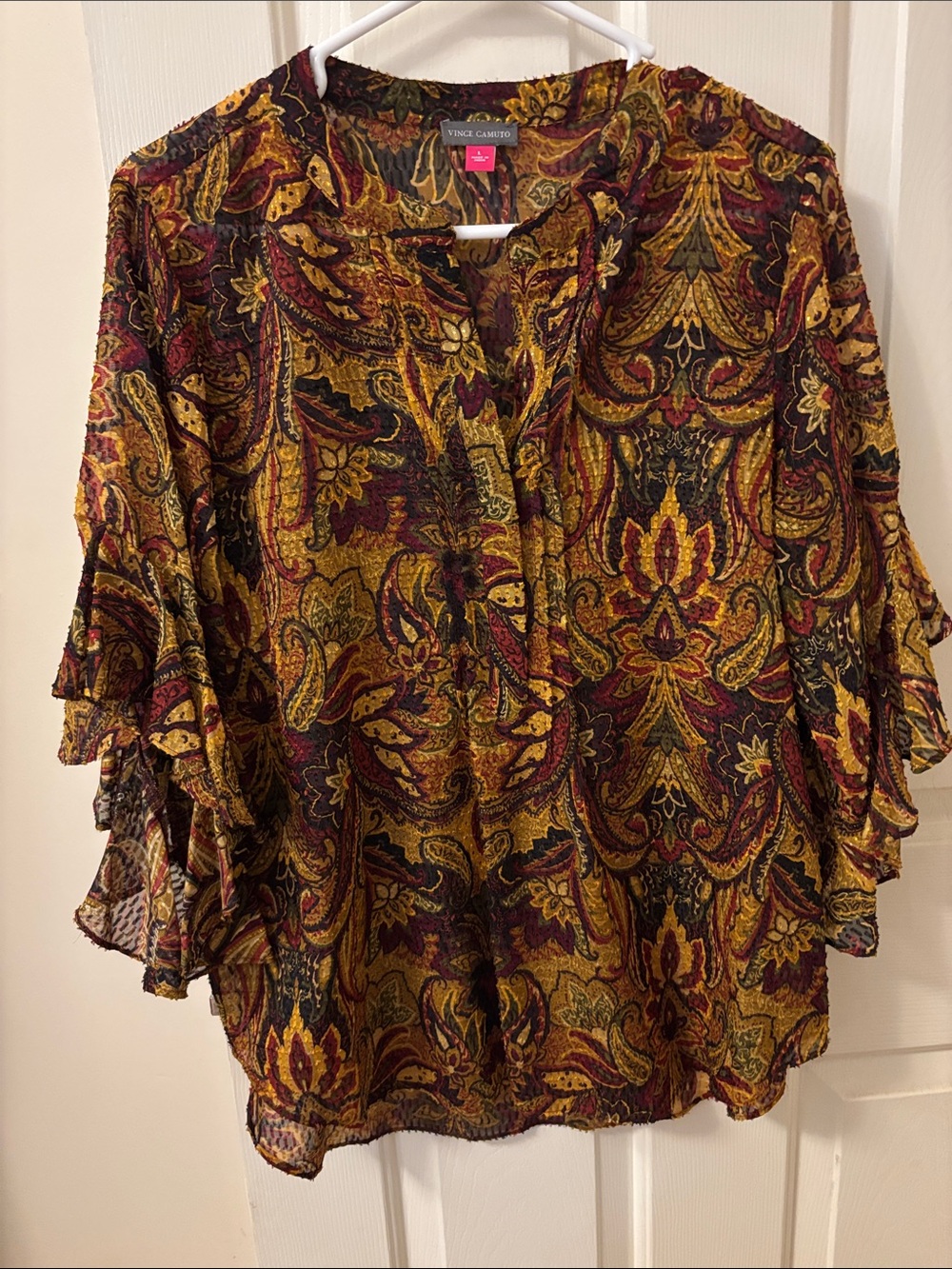 Vince Camuto Paisley Ruffle Sleeve Blouse in Burgundy and Gold